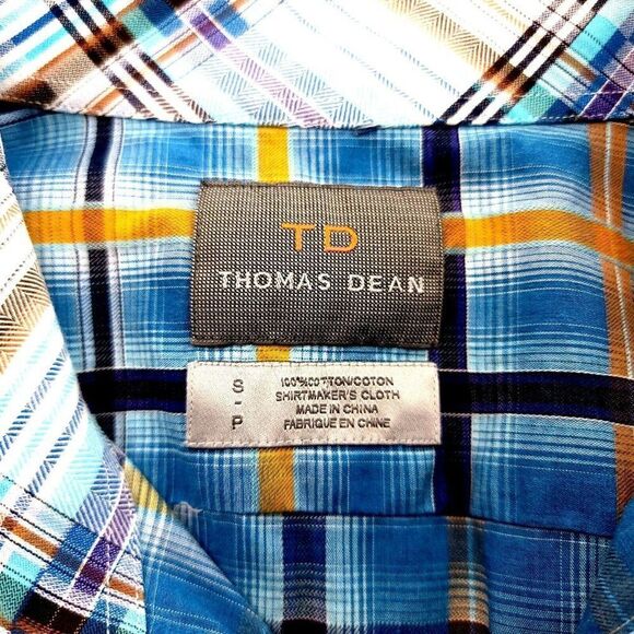 Thomas Dean Small Blue Yellow Windowpane Flip‎ Cuff Button Front Dress Shirt - Picture 7 of 9